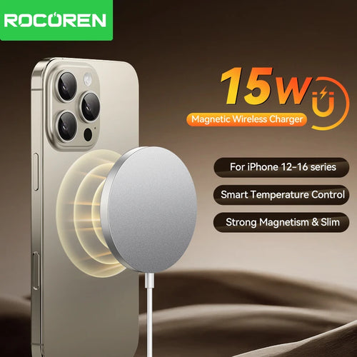 Rocoren 15W Qi Magnetic Wireless Charger – Fast Charging for iPhone 16 15 14 13 12 Pro Max, Xiaomi